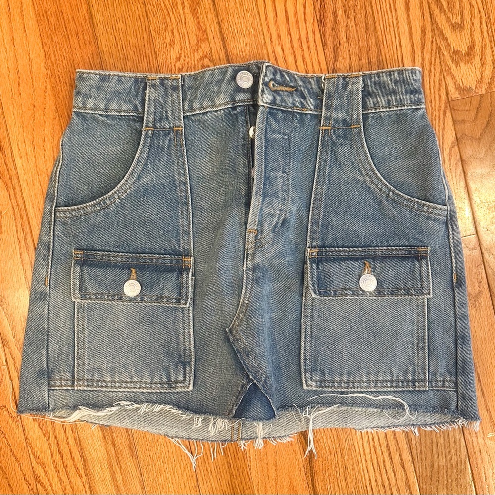 Re/Done Blue Jean Denim Mini Skirt Distressed with Pockets | Size 26
